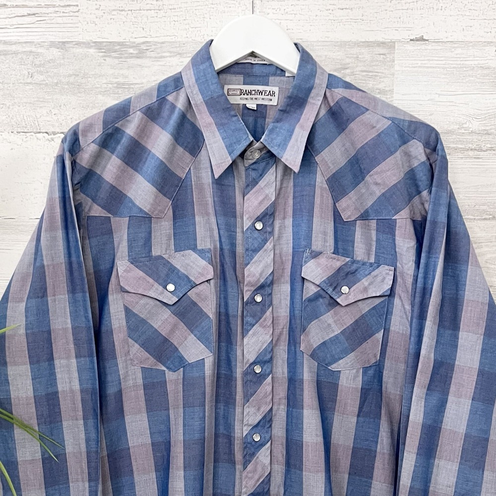 VTG Corral West Ranchwear Western Plaid Button Up Shirt (17-36) XL - Blue Lilac